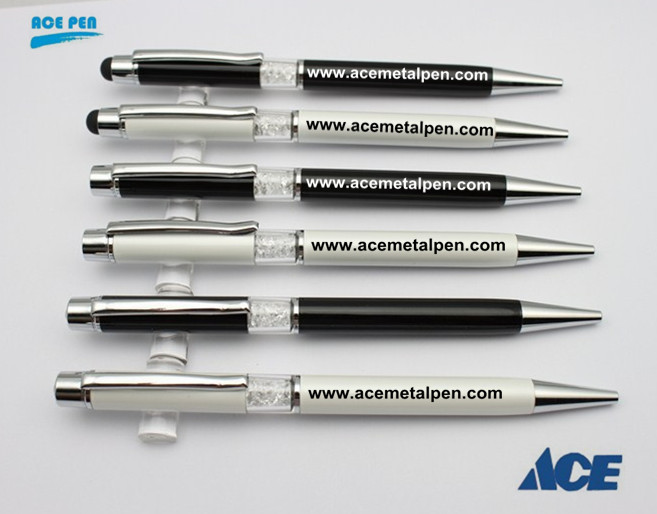 Touch stylus twist ball pen with crystal in the center band