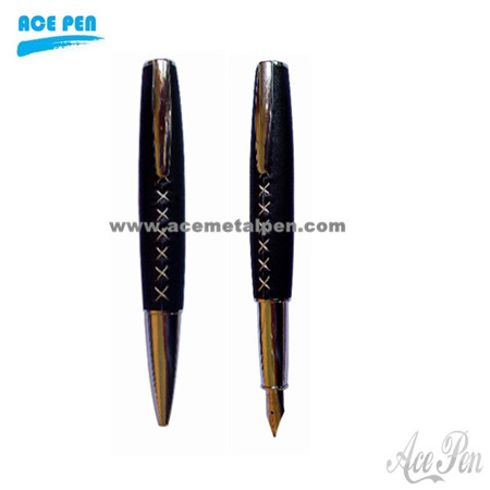 Popular Learther Fountain Pen and roller ball pen set with stitches tube